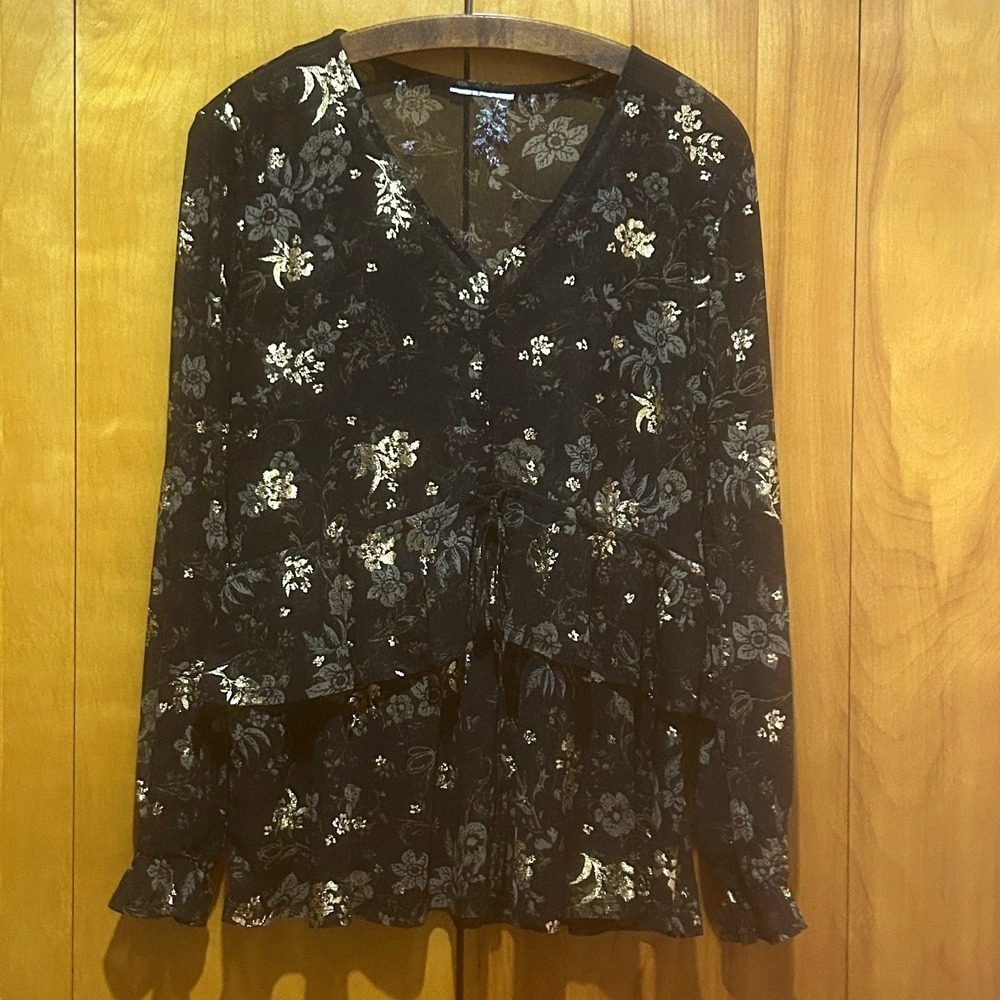 Blouse Womens M Sheer Metallic Floral Ruffle Tie Waist Whimsigoth Fairy Grunge‎